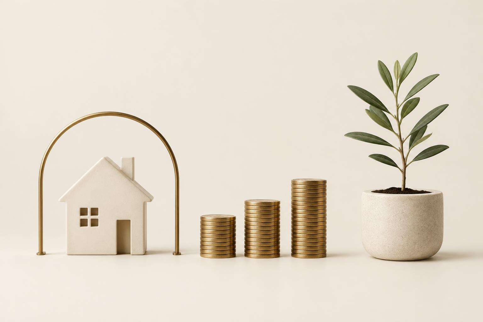 A protected home, growing stacks of coins and a thriving plant represent protection, investing and growth